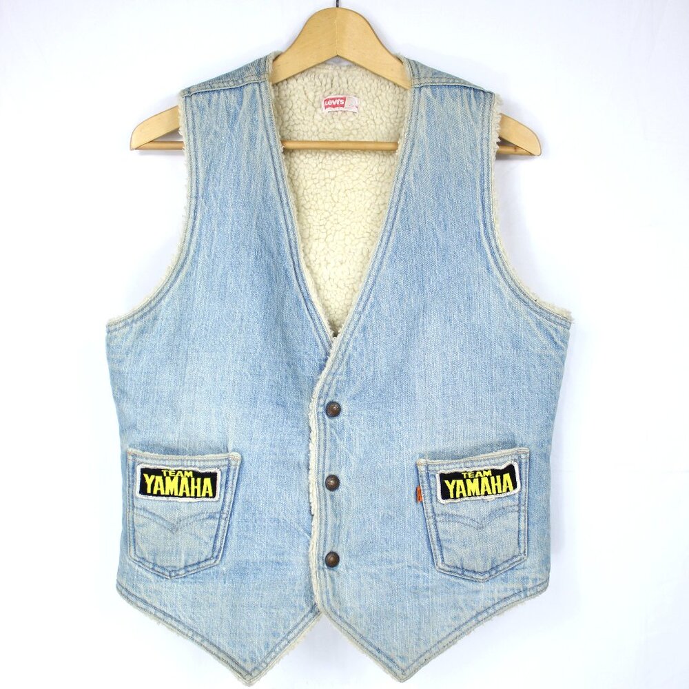 LEVI'S MEN'S DENIM BLUE JEAN VEST W/SHERPA & PATCHES VINTAGE 70-80'S SZ M GRUNGE